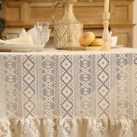 Lace Tablecloth Hollow Diamond Pattern Ruffle Edge Polyester Decorative French Retro Table Cover For Dining Room Kitchen