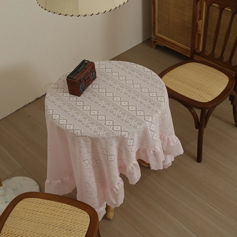 Nappe En Dentelle Rétro Française Rose Motif Géométrique Évidé Bordure À Volants Pour Table