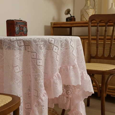 Vintage Spitze Tischdecke Französischer Rüschenrand Rechteckige Hohle Geometrische Tischabdeckung Für Esstisch Couchtisch Wohndekor