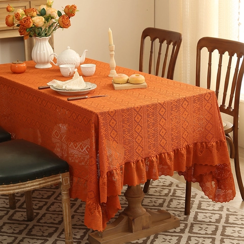 Vintage Spitze Tischdecke Nordisch Hohl Rautenmuster Rüschenrand Polyester Staubdicht Hitzebeständig Esszimmer Abdeckung