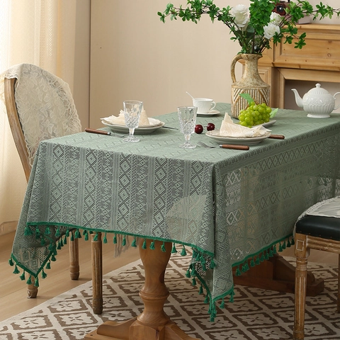 Nappe en Dentelle Ajourée Style Campagne Américaine Rectangulaire Motif Géométrique Diamant Avec Glands Pour Cuisine Dîner Fête Pique-nique Mariage
