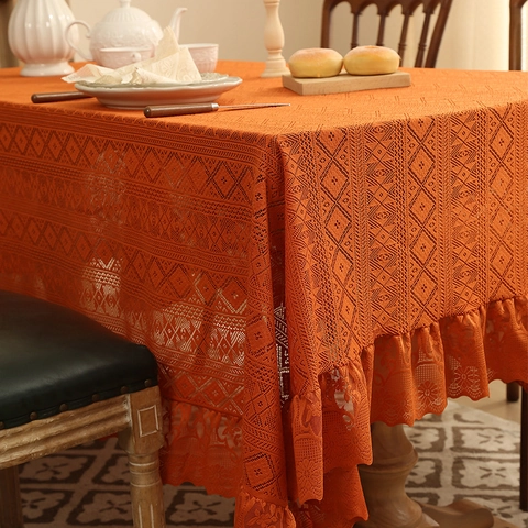 Vintage Spitze Tischdecke Nordisch Hohl Rautenmuster Rüschenrand Polyester Staubdicht Hitzebeständig Esszimmer Abdeckung