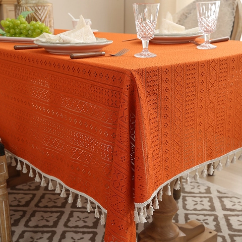 American Style Hollow Lace Tablecloth With Tassels Rectangular Crochet Table Cover For Home Kitchen Decor