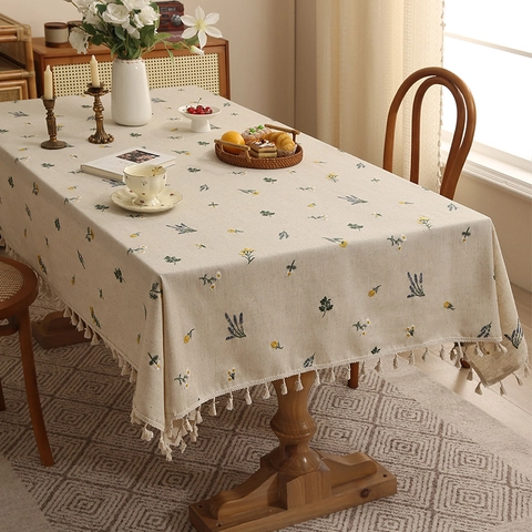 Floral Embroidery Linen Tablecloth With Tassels Pastoral Style Rectangle Dining Table Cover Home Decor Beige