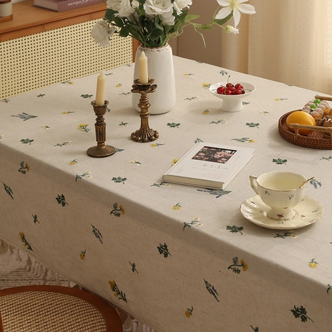 French Pastoral Polyester Embroidered Tablecloth Creamy White Lavender Floral Pattern Tassel Fringe Decorative Table Cover For Home Kitchen