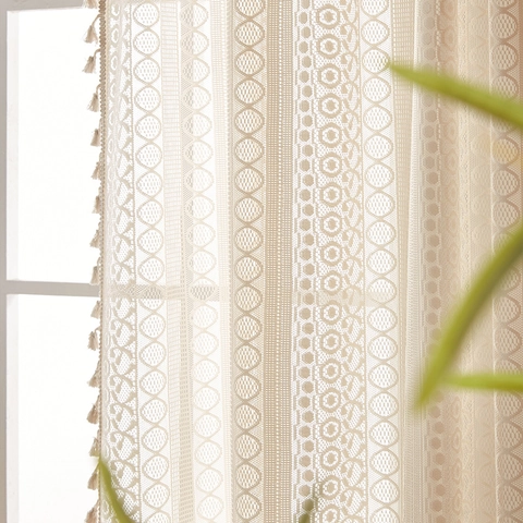 Beige Lace Sheer Curtain Hollow Out Crochet Tassel Fringe Retro Bohemian Window Screen Living Room Bedroom Room Divider