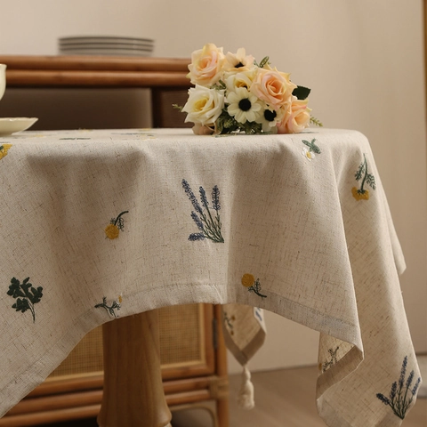 Lavender Embroidery Linen Tablecloth With Tassels Floral Plant Pattern Pastoral Style Cream Table Cover