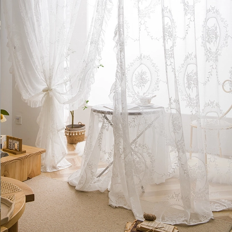 French White Lace Sheer Curtain Floral Embroidery Ruffle Romantic Window Drape For Living Room Bedroom Light Filtering Decor