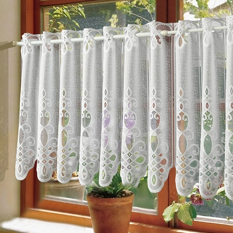 White Lace Coffee Curtain Rod Pocket Jacquard Sheer Half Curtain For Kitchen Cabinet Door Decorative Nordic Style