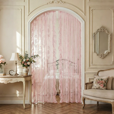 French Vintage Lace Curtains Embroidery Floral Ruffle Light Filtering Window Sheer Rod Pocket Panel For Bedroom Living Room