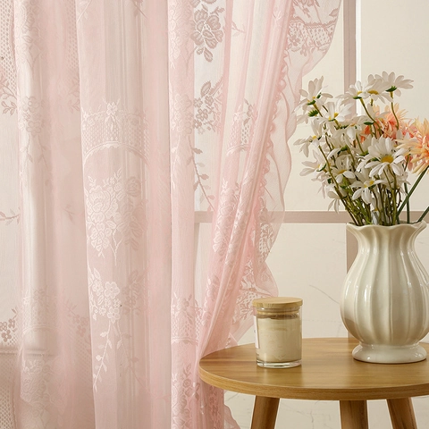 French Country Lace Sheer Curtains Floral Embroidered Tulle Window Drapes With Ruffles For Living Room Bedroom Romantic Home Decor