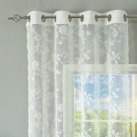 Cortinas de Encaje de Rosa Francesa Ojales Poliéster Malla Transparente Bordado de Rosa Borde Festoneado Para Decoración Dormitorio