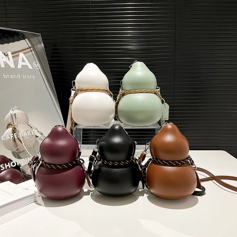 Kreative Umhängetasche In Flaschenkürbisform PU-Leder Wu Lou Schultertasche Mit Geflochtener Seildekoration Trendige Damen Tasche