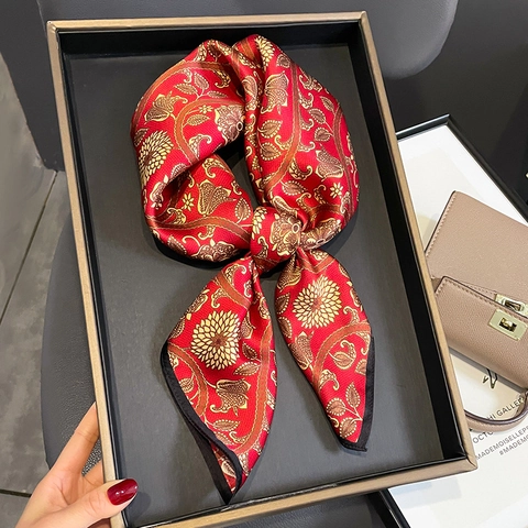 Mulberry Satin Square Scarf Red Gold Paisley Floral Print Elegant Neck Kerchief For Women