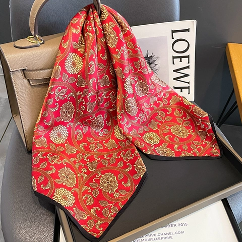 Mulberry Satin Square Scarf Red Gold Paisley Floral Print Elegant Neck Kerchief For Women