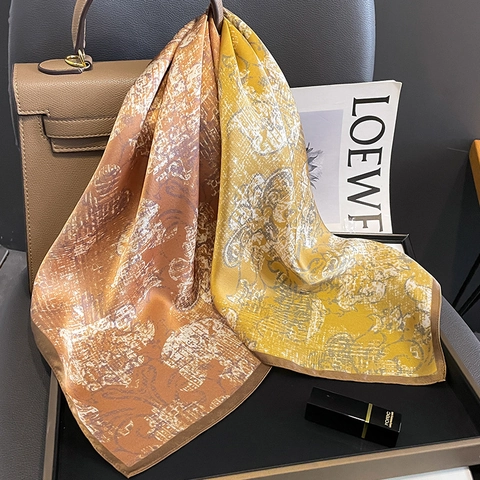 Vintage Mulberry Satin Square Scarf For Women Floral Print Fashion Hair Neck Wrap Elegant Handbag Accessory