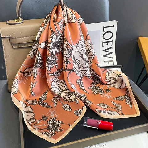 Mulberry Satin Square Scarf Floral Print Elegant Vintage Orange Neck Scarf Fashion Accessory For Women