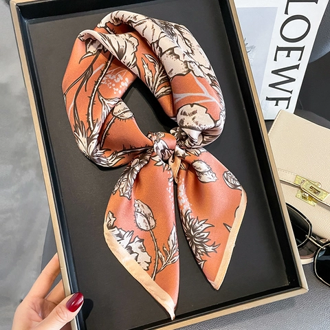 Mulberry Satin Square Scarf Floral Print Elegant Vintage Orange Neck Scarf Fashion Accessory For Women