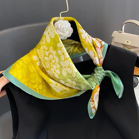 Mulberry Satin Square Scarf Floral Print Oil Painting Style Elegant Fashionable Lightweight Neck Scarf For Women