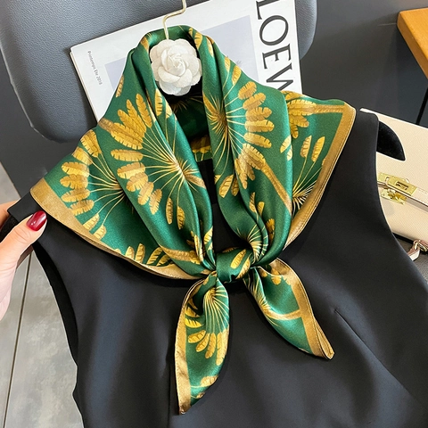 Mulberry Satin Square Scarf Green With Gold Palm Leaf Pattern Elegant Fashion Hair Accessories For Women Neck Decor