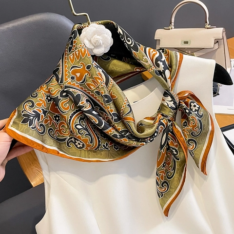 Elegant Square Scarf Mulberry Satin Paisley Floral Print Retro Head Handbag Neck Decorative Accessories For Women