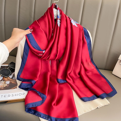 Elegant Floral Print Imitation Satin Scarf Women Lightweight Satin Shawl Sun Protection Sunshade Retro Fashionable Wrap
