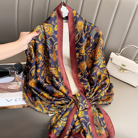 Grande Sciarpa Scialle Stampa Paisley Raso Sintetica Satin Vintage Bohemien Protezione Solare Viaggio Avvolgente Elegante