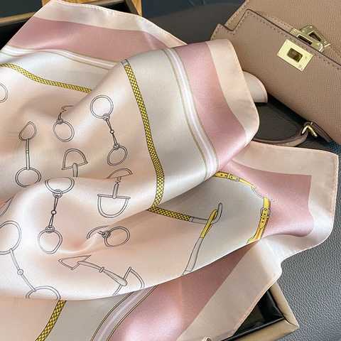 Elegant Mulberry Satin Square Scarf With Horsebit Equestrian Print Versatile Neckerchief For Women