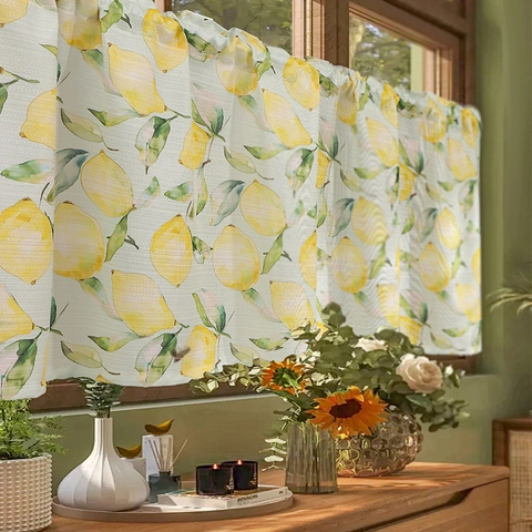 Lemon Print Polyester Curtains Short Coffee Half Curtain Door Drapes Tablecloth Kitchen Dining Room Decor Rod Pocket