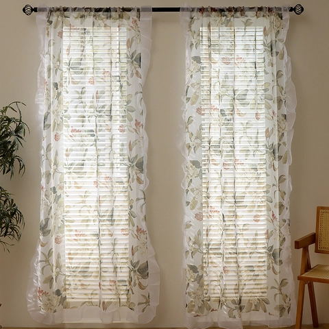 Tende In Voile Con Stampa Floreale E Volant Semitrasparenti In Polievere Per Soggiorno Stile Vintage