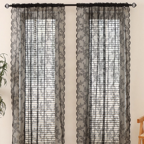 Cortina de Puerta de Encaje Negro Vintage Bordado Floral Borde Festoneado Cortina de Ventana Pequeña para Cocina Sala de Estar Decoración