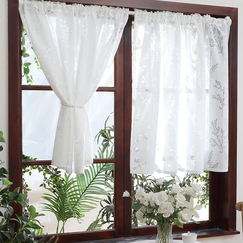 Lavender Floral Embroidered Lace Coffee Curtain White Semi Transparent Polyester Door Partition For Kitchen Living Room