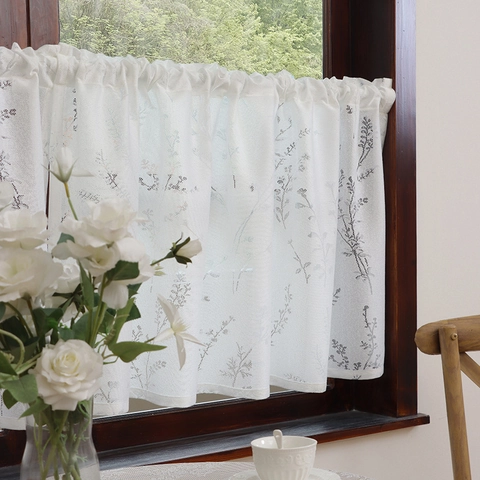 Lavender Floral Embroidered Lace Coffee Curtain White Semi Transparent Polyester Door Partition For Kitchen Living Room