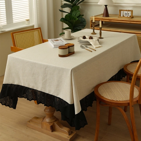 Tovaglia Rettangolare Misto Lino Poliestere Impermeabile Antiscivolo Pizzo Nero Stile Retro Nordico