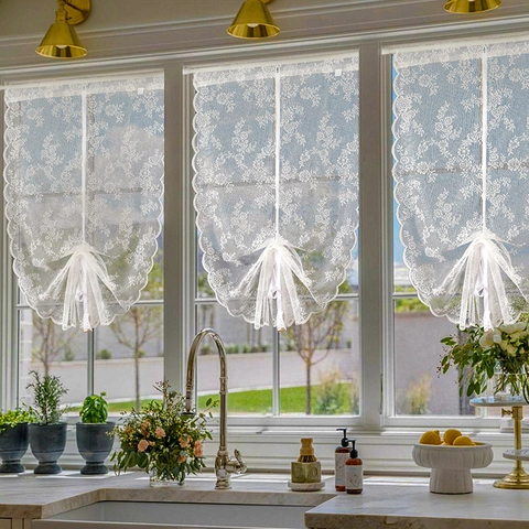 White Lace Door Curtain French Elegant Floral Embroidery Scalloped Edge Short Cafe Curtain For Kitchen Partition