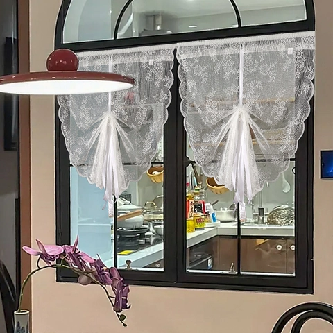 White Lace Door Curtain French Elegant Floral Embroidery Scalloped Edge Short Cafe Curtain For Kitchen Partition