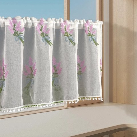 Pastoral Style Cafe Curtains Polyester Cotton Floral Embroidery Lemon Gingham Pattern With Pom-pom Trim For Kitchen Window Bedroom Door Decoration