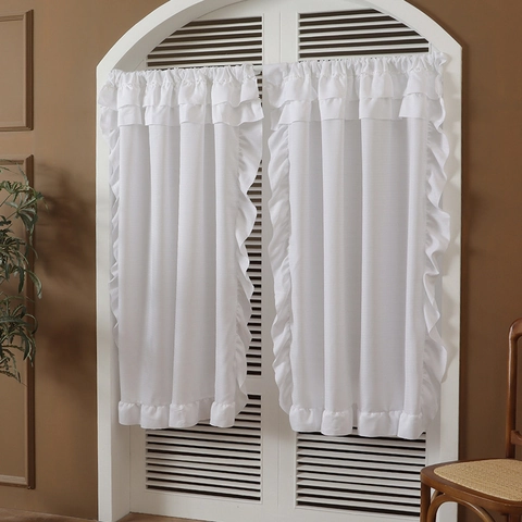 White Ruffle Curtains French Pastoral Style Semi Sheer Polyester Window Drapes For Living Room Bedroom