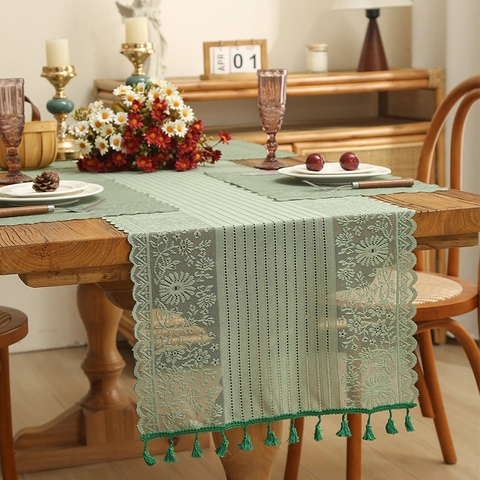 Lace Table Runner Polyester Floral Hollow Out With Tassels American Retro French Country Style Decor
