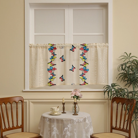 Embroidered Cafe Curtains Butterfly Ladybug Mushroom Lace Half Curtains For Window French Pastoral Style Vintage Tier