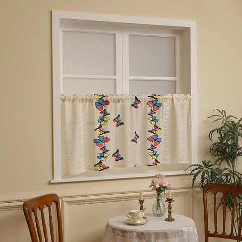Embroidered Cafe Curtains Butterfly Ladybug Mushroom Lace Half Curtains For Window French Pastoral Style Vintage Tier