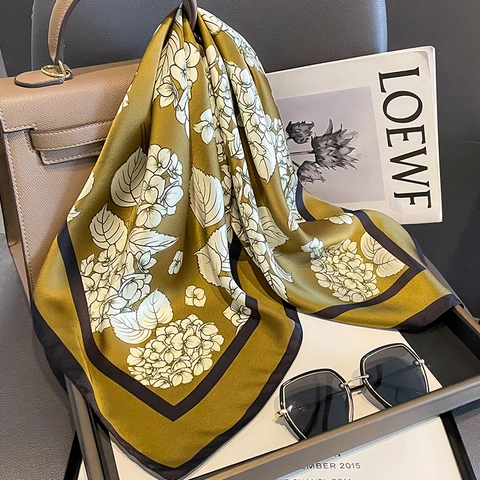 Mulberry Satin Square Scarf Floral Print Hydrangea Olive Green Contrast Border Elegant Fashion Versatile Neck Kerchief