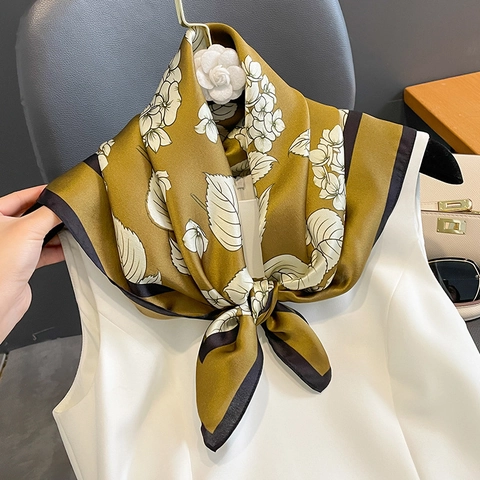 Mulberry Satin Square Scarf Floral Print Hydrangea Olive Green Contrast Border Elegant Fashion Versatile Neck Kerchief