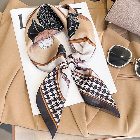 Women Square Scarf Fashion Houndstooth Camellia Floral Neckerchief Elegant Faux Satin Satin Hair Band Bag Ribbon Scarf