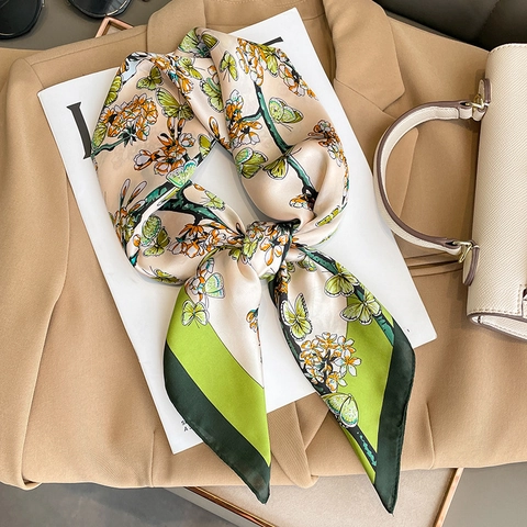 Elegante Vierkante Sjaal Voor Dames Bloemen Vlinder Print Satijn Polyester Halssjaal Koreaanse Mode Accessoires