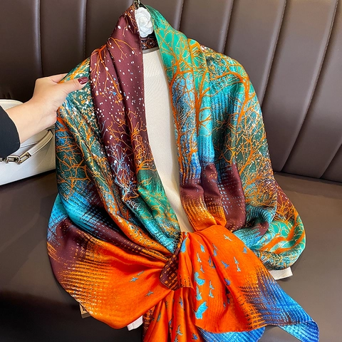 Elegante Sciarpa In Finta Raso Da Donna Con Stampa Foresta Alce E Uccelli Scialle Lungo Leggero Accessorio Per Vacanze