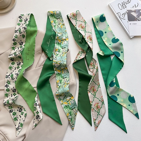 Französischer Eleganz Grüne Satin Schmale Schals Damen Blumen Blatt Polka Dot Haarband Tasche Dekoration Lange Halstücher