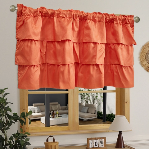 American Vintage Ruffled Coffee Curtain Polyester Tiered Ruffle Valance Rod Pocket Short Curtain For Kitchen Home Decor