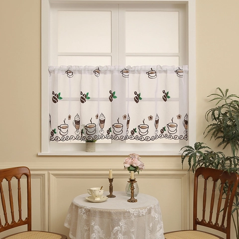 Embroidered Coffee Curtain Lace Small Window Valance Polyester Semi Transparent Rod Pocket Nordic Vintage Kitchen Decor
