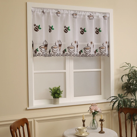 Embroidered Coffee Curtain Lace Small Window Valance Polyester Semi Transparent Rod Pocket Nordic Vintage Kitchen Decor